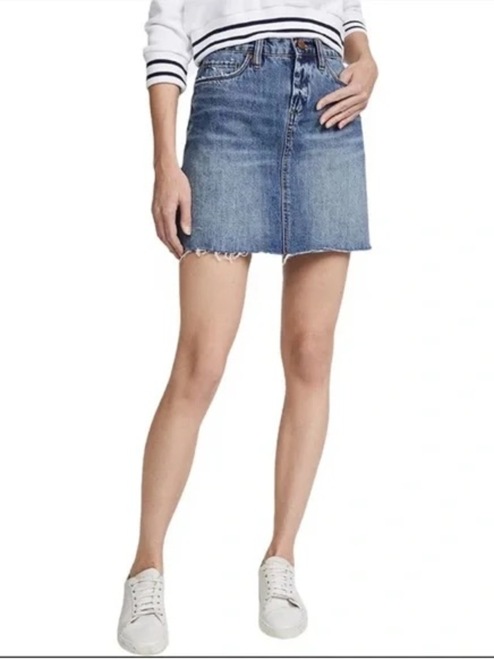 Blank NYC Light Blue Denim Mini Skirt with Frayed Hem